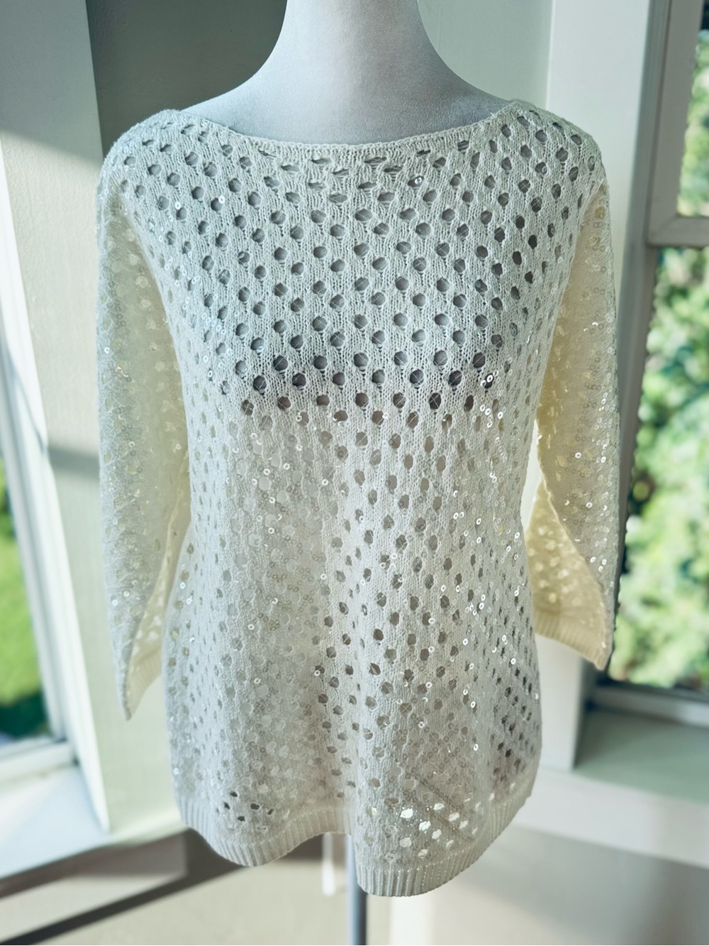 Chico’s Sasha Ecru Ivory Open Knit Sequin Boatneck Sweater Knit Top Sz Medium